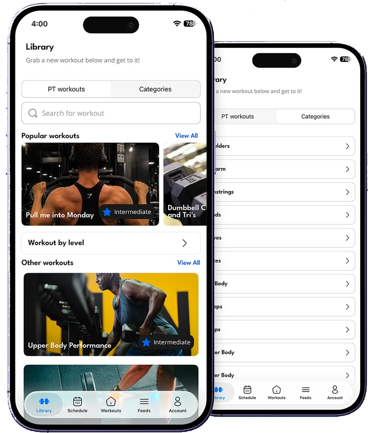 Gymbie workout library — PT-made workouts by level and category